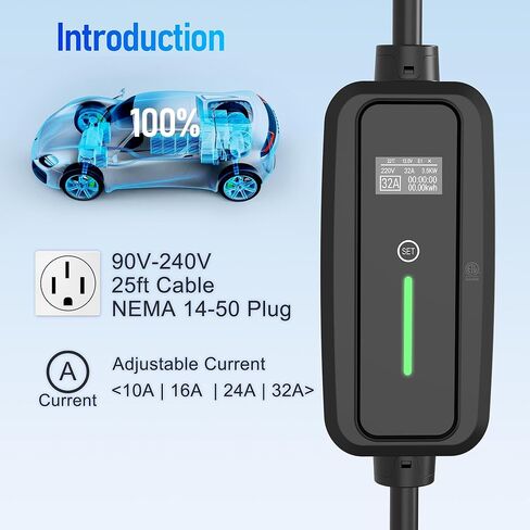 الشاحن من المستوى 2 EV ، 32AMP 95-270V ، كابل شاحن السيارات الكهربائي EV 25ft مع قابس NEMA 14-50 ، تيار قابل للتعديل ، محطة شحن EV Home ، لـ J1772 EV فقط in Kuwait