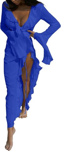 Tcremisa Women Flowy Long Beach Cover Ups Dress Bell Sleeve Sheer Mesh Chiffon Ruffle Duster Robe Kimono Dresses in Saudi Arabia