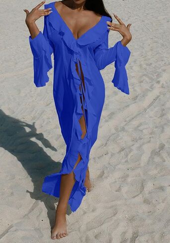 Tcremisa Women Flowy Long Beach Cover Ups Dress Bell Sleeve Sheer Mesh Chiffon Ruffle Duster Robe Kimono Dresses in Saudi Arabia