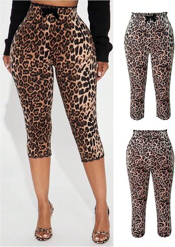 Women's Y2K Leopard Lace Cropped Leggings High Waisted Bowknot Skinny Workout Capri Pants in Kuwait