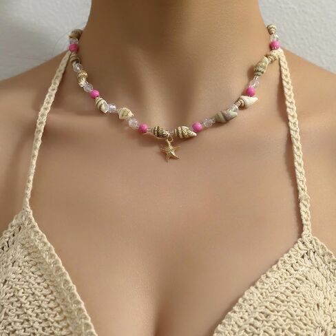 Seashell Necklace Gold Plated Starfish Necklace Bohemian Beach Imitation Pearl Necklaces for Women Summer Layered Sequins Starfish Shell Beaded Choker Necklace Party Holiday Jewelry in Saudi Arabia