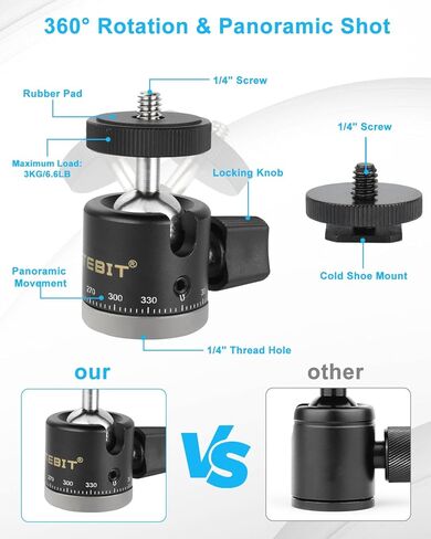 UTEBIT Mini Tripod Head Ball Head with 1/4 Hot Shoe Adapter 360° Rotatable Ball Head Hot Shoe Ball Head Aluminium with Camera Hot Shoe Ball Joint Holder Compatible with Nikon, HTC Vive VR in Saudi Arabia