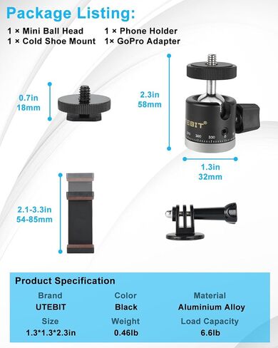 UTEBIT Mini Tripod Head Ball Head with 1/4 Hot Shoe Adapter 360° Rotatable Ball Head Hot Shoe Ball Head Aluminium with Camera Hot Shoe Ball Joint Holder Compatible with Nikon, HTC Vive VR in Saudi Arabia
