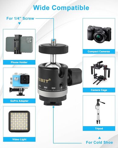 UTEBIT Mini Tripod Head Ball Head with 1/4 Hot Shoe Adapter 360° Rotatable Ball Head Hot Shoe Ball Head Aluminium with Camera Hot Shoe Ball Joint Holder Compatible with Nikon, HTC Vive VR in Saudi Arabia