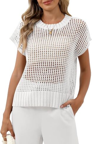 Women Summer Short Sleeve Crochet Sheer Knit Sweater Top Beach Cover Up Hollow Out Sexy See Through T-Shirts in Kuwait