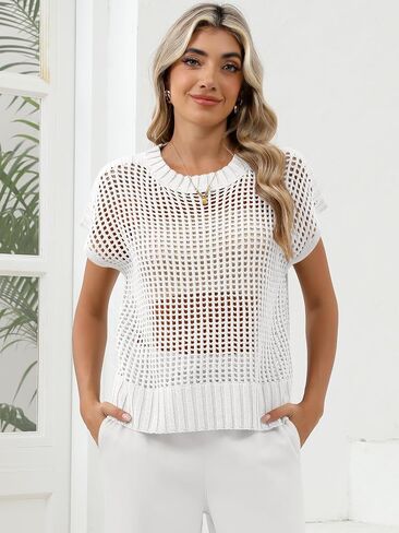 Women Summer Short Sleeve Crochet Sheer Knit Sweater Top Beach Cover Up Hollow Out Sexy See Through T-Shirts in Kuwait