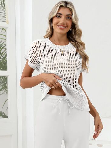 Women Summer Short Sleeve Crochet Sheer Knit Sweater Top Beach Cover Up Hollow Out Sexy See Through T-Shirts in Kuwait