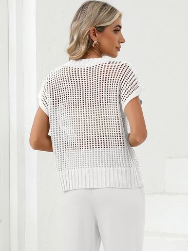 Women Summer Short Sleeve Crochet Sheer Knit Sweater Top Beach Cover Up Hollow Out Sexy See Through T-Shirts in Kuwait