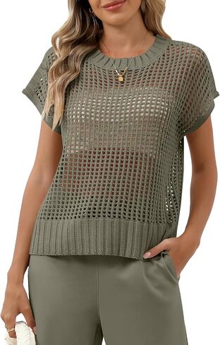 Women Summer Short Sleeve Crochet Sheer Knit Sweater Top Beach Cover Up Hollow Out Sexy See Through T-Shirts in Kuwait