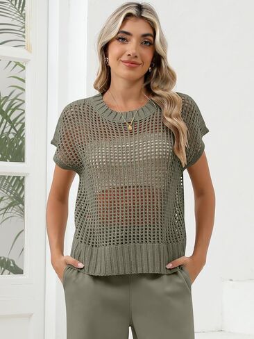 Women Summer Short Sleeve Crochet Sheer Knit Sweater Top Beach Cover Up Hollow Out Sexy See Through T-Shirts in Kuwait