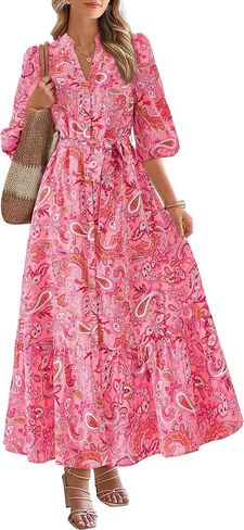 MASCOMODA Womens Floral Maxi Dresses Boho Summer Casual V Neck 3/4 Puff Sleeve Button Down Tie Waist Long Flowy Shirt Dress in Saudi Arabia