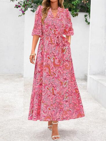 MASCOMODA Womens Floral Maxi Dresses Boho Summer Casual V Neck 3/4 Puff Sleeve Button Down Tie Waist Long Flowy Shirt Dress in Saudi Arabia