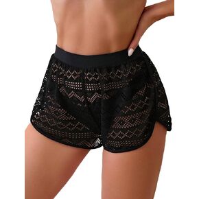 GORGLITTER Women's Crochet Cover Up Shorts Hollow Out Sheer Lace Bikini Swimsuit Summer Beach Shorts