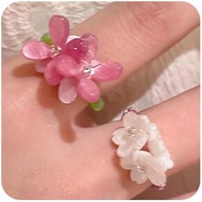 2PCS Handmade Crystal Beads Rings Set For women, Cute Vintage Colorful Solid Glass Beads Aesthetic Stretch Finger Rings for Women Holiday Bohemian Jewelry