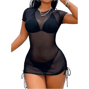 Women's Drawstring Ruched Swimsuit Coverup Short Sleeve Sheer Mesh Beach Dress Bathing Suit Cover Up