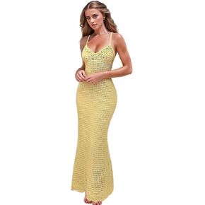 Womens Crochet Maxi Dress Lace Swimsuit Cover up Tie Backless Beachwear Knitted Bodycon Party Vacation Outfits