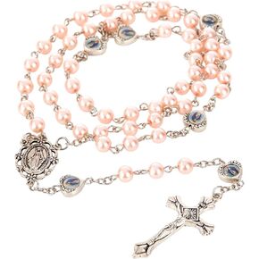 Pink Pearl Glass Rosary for Women and Men with Gift Box, Women Cross Necklaces Rosarios Catolicos Rosary Beads Catholic Gifts