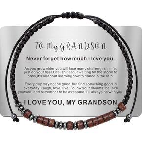 Grandson Bracelet From Grandma - Personalized I Love You Morse Code Bracelet With Wallet Card - Birthday Christmas Gifts - Handmade Adjustable Beads