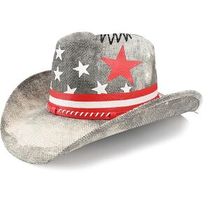 Foeran Cowboy Hat with Men's Women's Western Cowgirl Straw Hats,American Style Braided Faux Leather Strap Grey Star