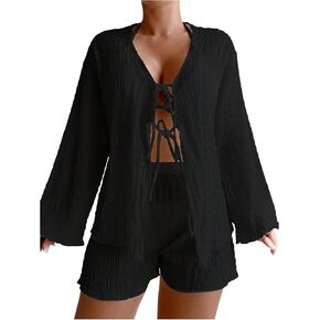Verdusa Women's 2 Piece Sheer Bikini Cover Up Sets Bow Tie Long Sleeve Top and Shorts Sets