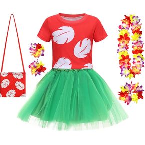 Girls Hawaiian Costume for Kids Luau Party Dress with Tropical Flower Lei for 3-8Y