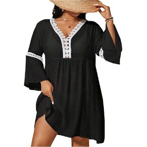 Wdirara Women's Plus Size Boho Half Sleeve Cover Up V Deck Swimsuit Bikini Beach Dress in Kuwait