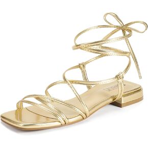 IDIFU Strappy Lace Up Flat Sandals for Women Tie Up Square Open Toe Ankle Warp Straps Dressy Gladiator Summer Beach Wedding Party Ladies Comfortable Cute Casual Trendy Dress Sandals