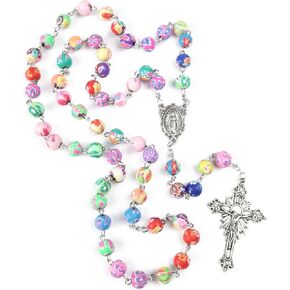Needzo Radiant Blossom Fimo Clay Flower Bead Rosary with Miraculous Medal Centerpiece, Catholic Gift for Women, 22 Inches