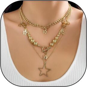 Gothic Tassel Star Pearl Lasso Y Necklace Set for Women Adjustable Multilayer Hollow Star Pendant Necklace Y2k Metal Chain Bead Star Choker Jewelry