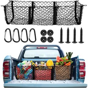 Cargo Net Trunk Bed Organizer,Skureay 3 Pocket Partition truck bed Storage Mesh Net for Pickup Truck Bed/SUV/Ford/Dodge/Toyota,(51.2x11.8x11.8in)Heavy Duty Cargo Net with 4 Metal Hooks&Mounting Screws