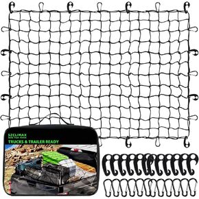 تمتد شبكة الشحن لسرير شاحنة بيك آب 4 '× 6' إلى 8 '× 12' - صغير 4 "x4" bungee net mesh مع 24 مقاطع - متوافقة مع فورد ، تشيفي ، دودج رام ، تويوتا