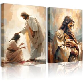 2Pcs Christian Wall Art Jesus Hug Woman Wall Decor Safe Haven Poster Canvas Print Christian Spiritual Painting Bible Art Picture Jesus and Girl Mural for Living Room Bedroom Office 12x16in Canvas
