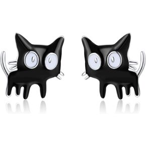 Sluynz Sterling Silver Small Cat Studs أقراط للنساء المراهقات أسود Cat أقراط الأزرار