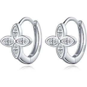 Reffeer Solid 925 Sterling Silver CZ Flower Hoop Earrings Huggie for Women Teens Flower Cartilage Hoop Earrings Helix Earrings