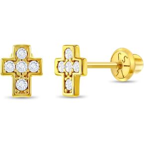 14k Yellow Gold & Cubic Zirconia Tiny 5mm Cross Screw Back Earrings for Babies, Toddlers & Young Girls - Small CZ Cross Earrings with Safety Screw Backs for Infants & Toddlers