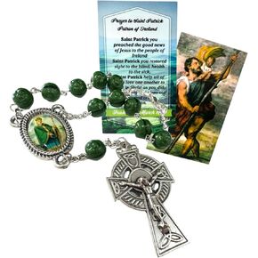 Westmon Works Irish Auto Rosary St Patrick Patron Saint of Ireland and St Christopher Italian Metal Car Rearview Mirror Charm with Two Holy Cards