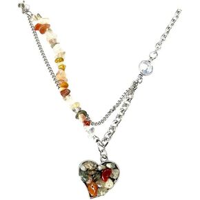 Colorful Beaded Gravel Love Heart Pendant Necklace Y2k Aesthetic Double Layer Necklace for Women Summer Beach Jewelry