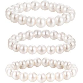 Rnivida 3Pcs Stretch Pearl Rings for Women,Faux Pearl Ring Strand 3MM Stackable Rings Adjustable Size