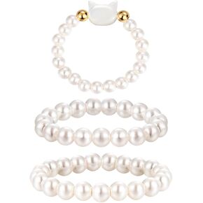 Rnivida 3Pcs Stretch Pearl Rings for Women,Faux Pearl Ring Strand 3MM Stackable Rings Adjustable Size in Saudi Arabia