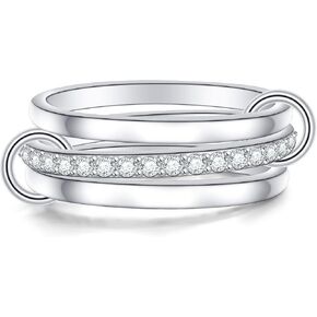 DAOCHONG S925 Sterling Silver Interlocked Stackable Rings for Women Statement Mixed Metals Multi Ring Stack Cubic Zirconia Two-Toned Connected Bands Stacking Jewelry
