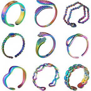 Ornaland 9 PCS 9 Styles Rainbow Coll Cuff Rings مجموعة للنساء Hollow Heart Moon Knuckle Rings Open Rings يمكن تكديسها قابلة للتكديس هدايا المجوهرات