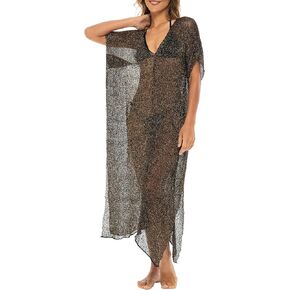 Back From Bali Womens Sheer Long Swimsuit Cover Up Sexy Pullover Metallic Mesh Knit Beach Poncho