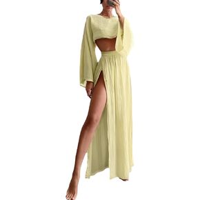 Women 2 Piece Vacation Outfits Sexy Boho Longsleeve Crop Top and High Slit Maxi Skirt Sets Beach Bikini Cover Up