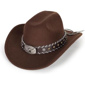 Cowboy-Hats for Women Men Upturn Bull Head Binding String Western Cowgirl Hats Wide Brim Felt Fedoras with Buckle Belt
