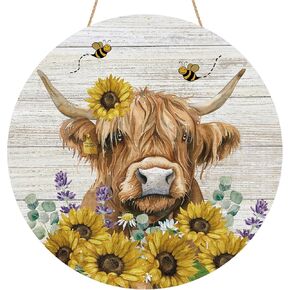 Sunflower Highland Cow Door Sign Wood Door Hanger for Outdoor Outside Porch Farmhouse Spring Summer Seasonal Wooden Indoor Wall Hanging Decoration