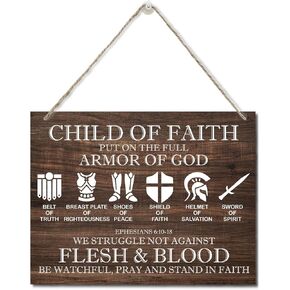 Printed Wood Plaque Sign Wall Hanging, Put on the Full Armor of God Quote Scripture Rustic Child Of Faith Hanging Wall Plaque Wood Signs, Ephesians 6:10-18 Christian Sign