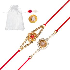 Set of 2 Rakhi for Brother Bhabhi Bhatija Bhaiya Bhai Raksha Bandhan gift Rakhi Thread Rakhi with Roli Chawal and Greeting card gift pack in pouch/Potli bag