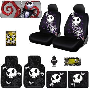 10 Pieces Bundle Nightmare Before Christmas Jack Skellington Bone Design Car Truck SUV Seat Covers Rubber Front and Rear Floor Mat Sunshade Air Fresheners Set