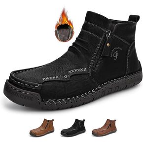 Zeberfi Men's Waterproof Leather Chukka Ankle Boots for Hiking Camping & Driving Fashion Retro Side Zip Hand Stitched High Top Outdoor Walking Sneakers Optional Warm Velvet Lining Snow Boots