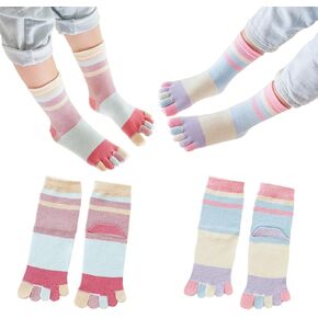 2 Pairs Cotton Five Finger Toe Socks Athletic Running Color Block Rainbow Stripe Dress Socks for Girls Kids Boys 2-10 Years
